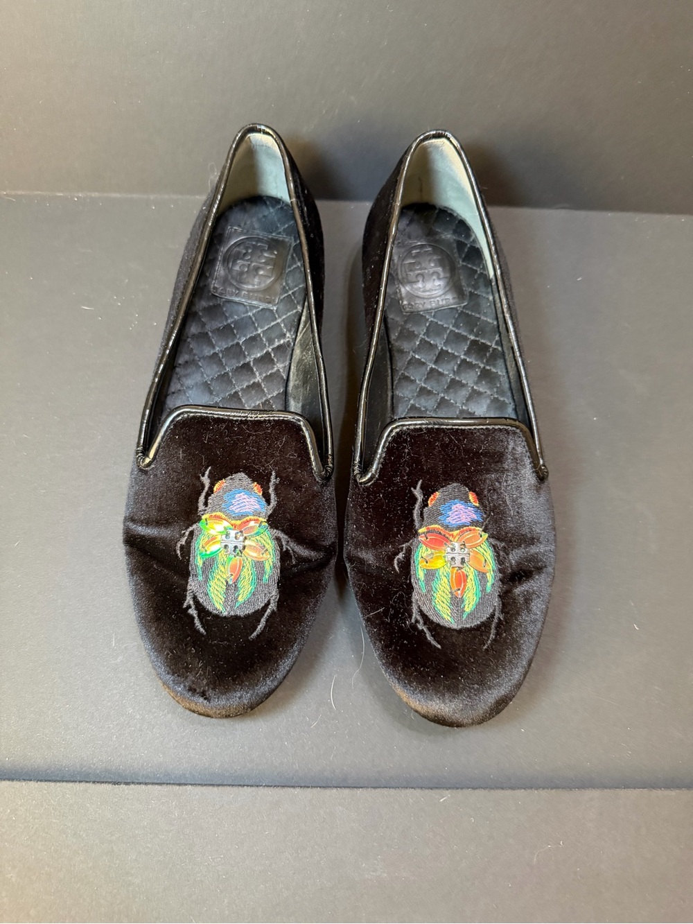 Tory Burch Black Velvet Embroidered Beetle Flats